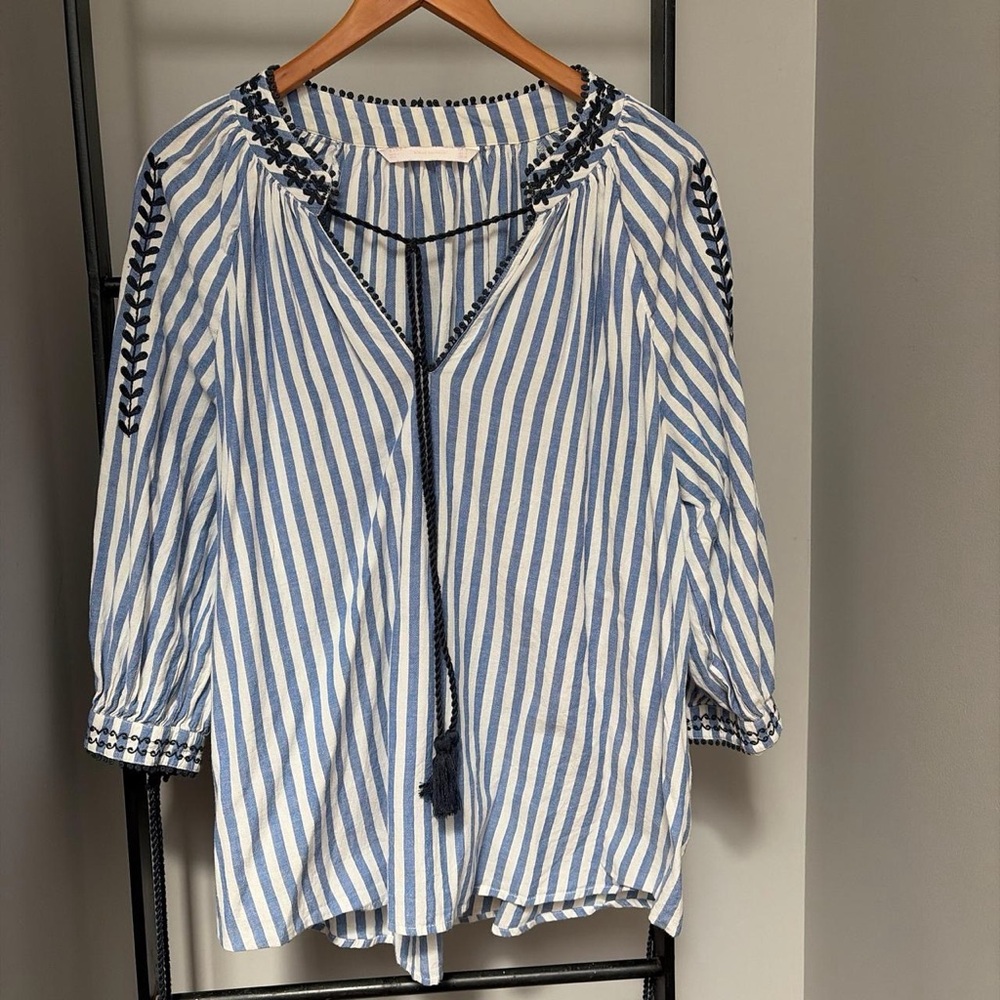 Striped Blue and White Peasant Blouse with Embroidered Trim